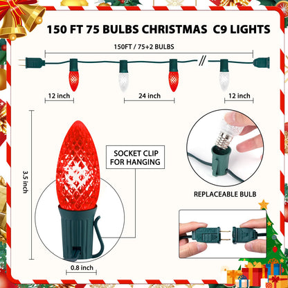 Minetom C9 LED Christmas String Lights, 150 FT, 75 LEDs, Waterproof, Red and Pure White, UL Certified for Indoor/Outdoor Decor