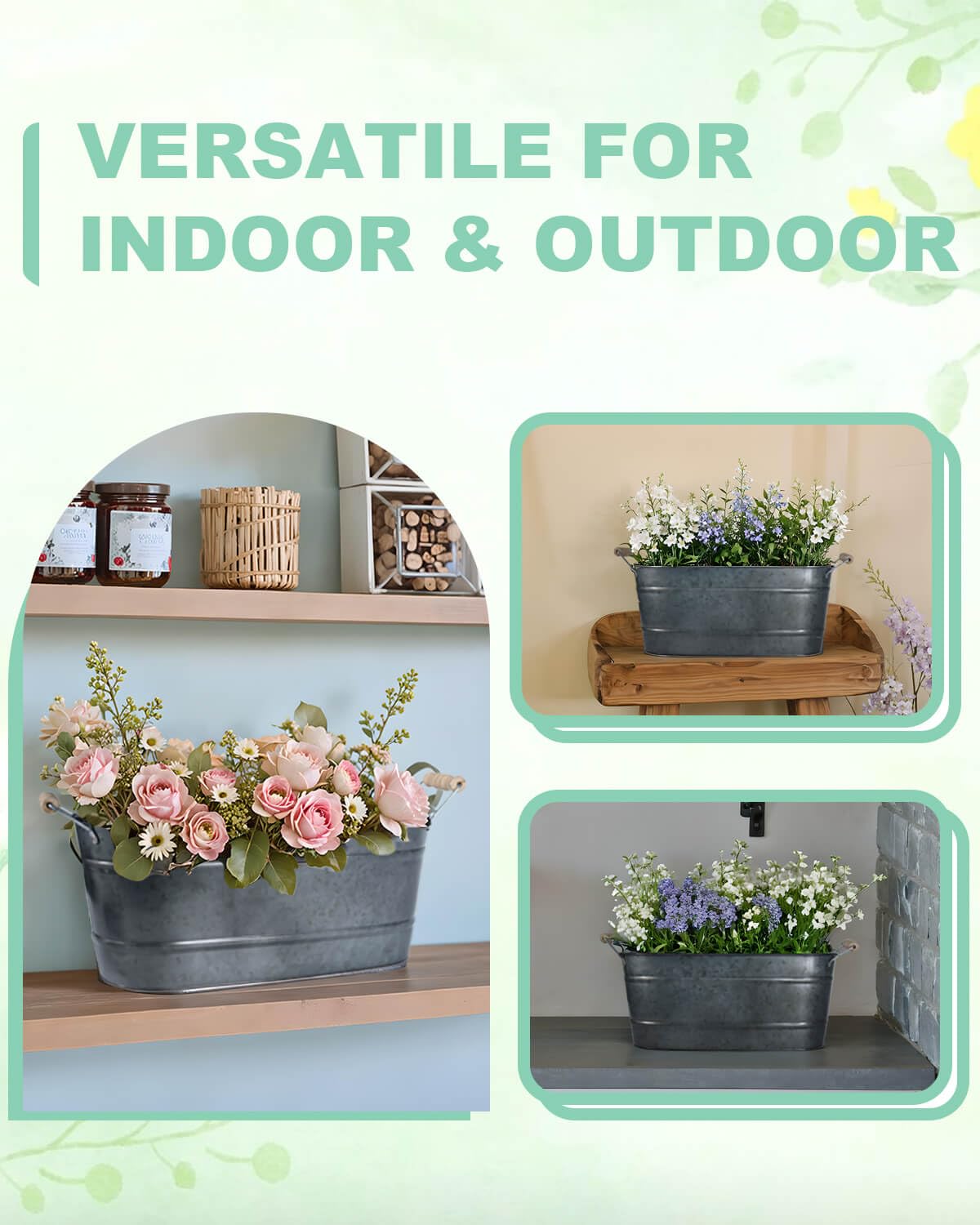 15 Inch Galvanized Planters for Outdoor Plants - 3 Pcs Rustic Large Metal Flower Buckets with Drainage & Plug, Farmhouse Style Oval Containers with Handles, Great for Home Decor, Galvanized Black