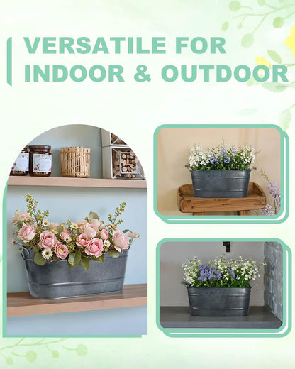 15 Inch Galvanized Planters for Outdoor Plants - 3 Pcs Rustic Large Metal Flower Buckets with Drainage & Plug, Farmhouse Style Oval Containers with Handles, Great for Home Decor, Galvanized Black