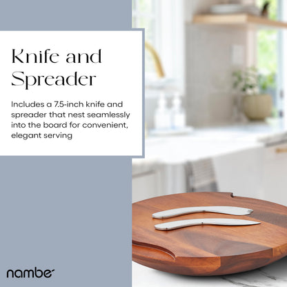 Nambé Cheese Block and Knife Set – Round Acacia Wood Board Featuring Stainless Steel Details, Contemporary Tray with Spreader, Stylish Table Accent for Parties, Gatherings, and Dining