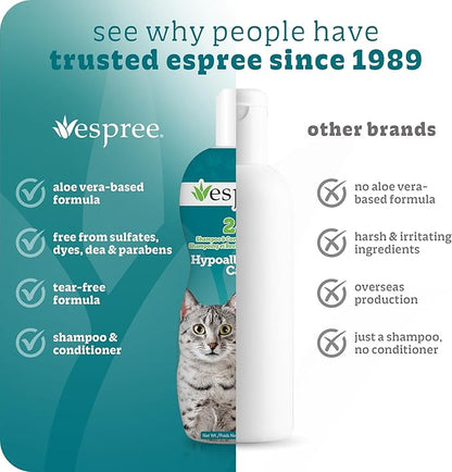 Espree Hypoallergenic Cat Shampoo & Conditioner, Tearless Formula with Aloe Vera, Sulfate-Free, Paraben-Free, Harsh Chemical and Dye-Free, Safe for Sensitive Skin, 12oz
