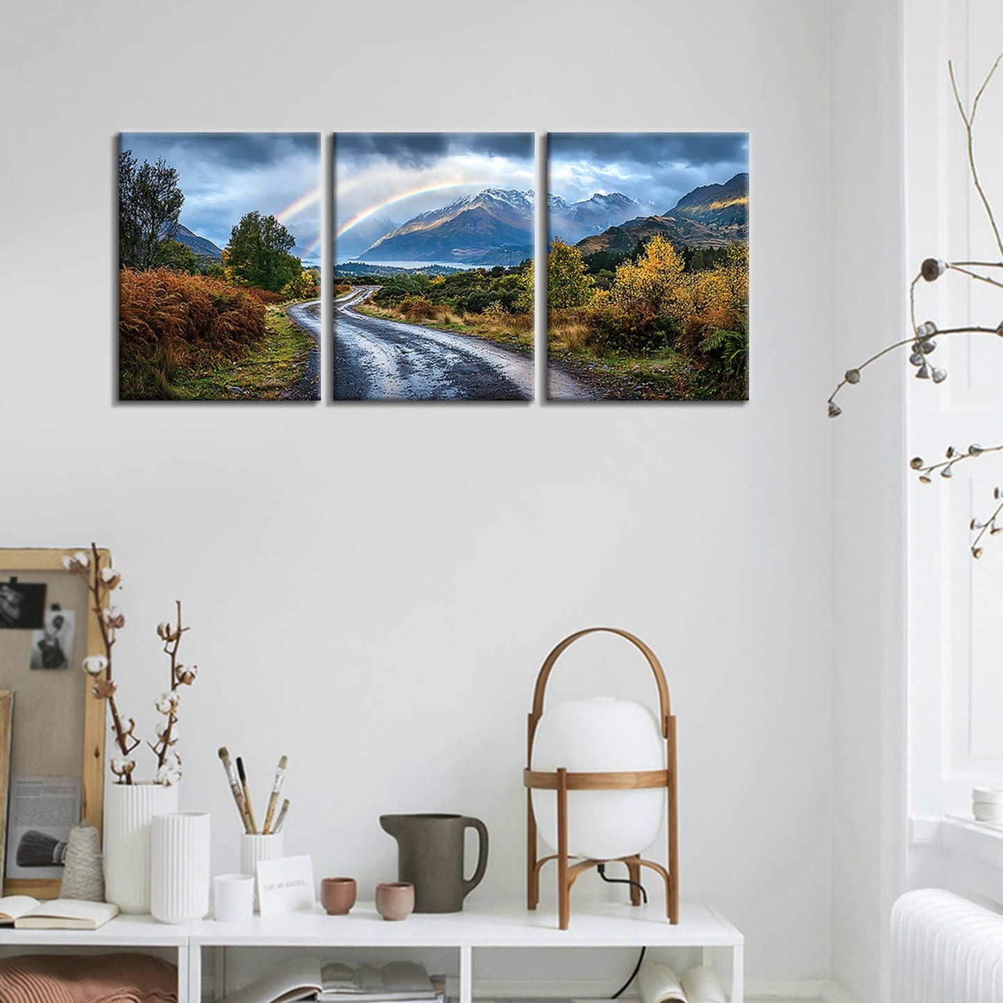 YSPCSUN 3 Panel Landscape Wall Art Mountain Peak Canvas Pictures Vibrant Double Rainbow Nature Painting Framed Scenery Artwork for Dining Room Bedroom Wall Decoration Gifts Idea, 48x24 Inch