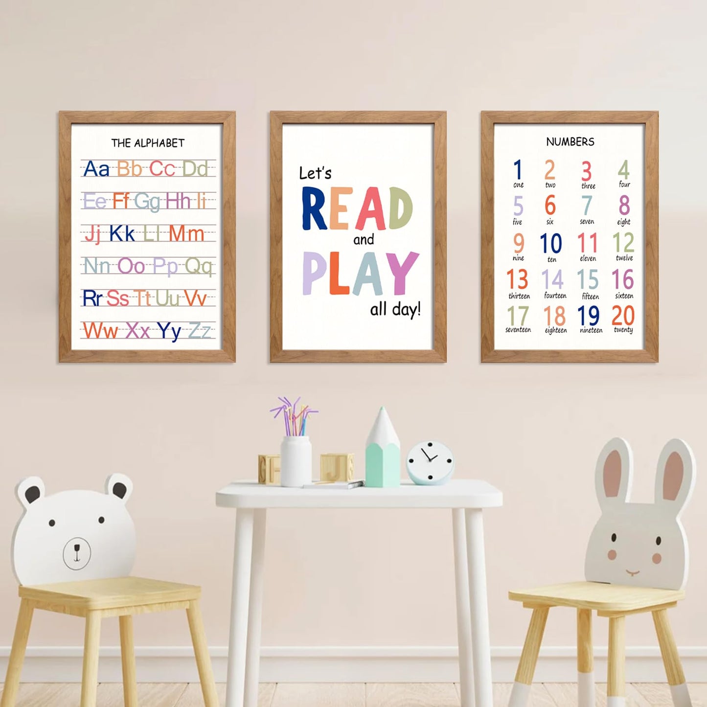 Cute Alphabet Numbers Framed Wall Art Set of 3, Boho Educational ABC Poster Wooden Sign for Baby Girl Kid Boy Toddlers, Neutral Preschool English Letters Nursery Decor for Homeschool Playroom Daycare