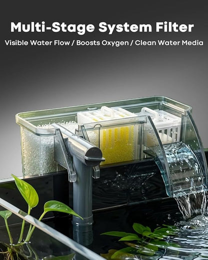 10 Gallon Aquarium Set Glass Fish Tank, Heater Self Cleaning System Filter with Media Bright Light Cleaning Tool, Leak-Proof Clear Rimless Betta Tropical Freshwater Fish