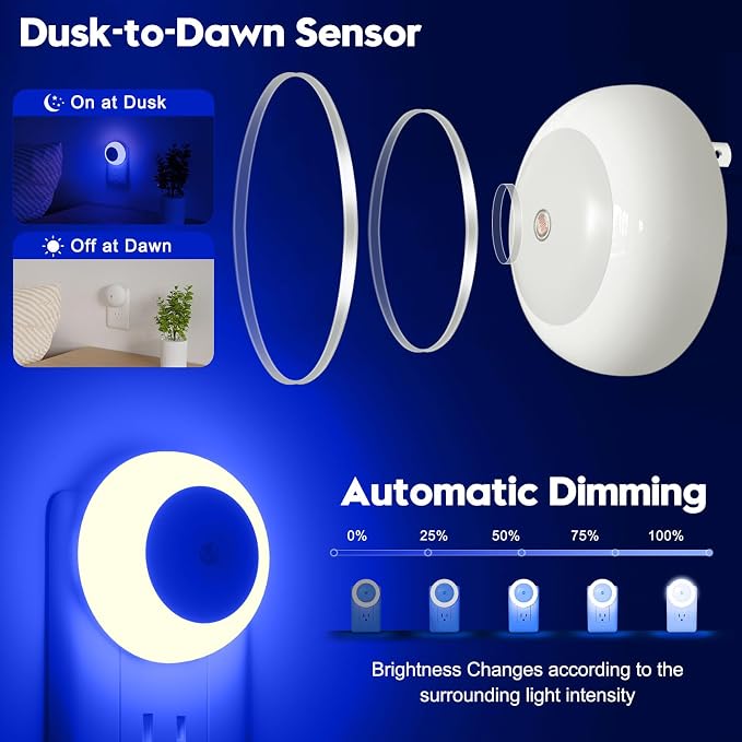 fesnne Night Light, Night Lights Plug into Wall, Dusk to Dawn Sensor, Blue Led Night Light 0.5W, 2 Pack Nightlight for Adults, Bedroom, Bathroom, Hallway, Kitchen