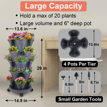 DUNCHATY Stackable Planter, Vertical Strawberry Planter with Garen Tool Set, Self Watering Garden Planter Indoor/Outdoor 5 Tier Herb Planter Pots for Growing Vegetables and Succulents, Dark Gray