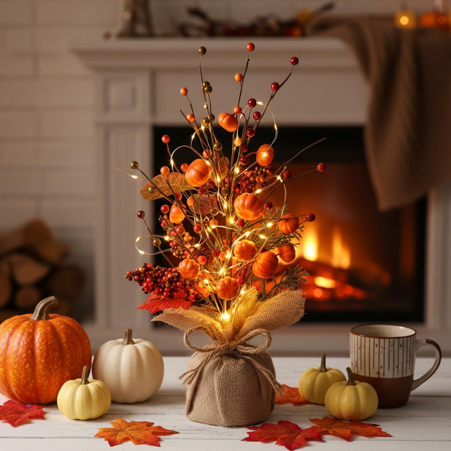 Pinkunn Fall Centerpieces for Tables Decorations 16 Inch Lighted LED Autumn Tree Top with Artificial Pumpkins Berries Leaf Burlap Base Thanksgiving Fall Decor for Home Harvest Office Desk Indoor