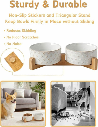 TRUVIC Ceramic Dog Bowl Set of 2 with Wood Stand, Jun Blanc Daisy & Clover Relief Dog Food and Water Bowl Set, 3.5 Cup/28 oz Puppy Food Bowls for Medium Dogs, Dishwasher Safe