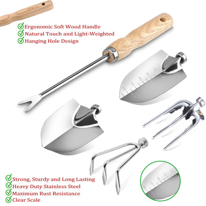 Beswill 14 PCS Garden Tool Set with Soil Moisture Meter, Stainless Stell Heavy Duty Gardening Hand Tools with Wood Handle, Tote Bag, Repotting Mat, Gardening Tool Set Ideal Gift for Women and Men