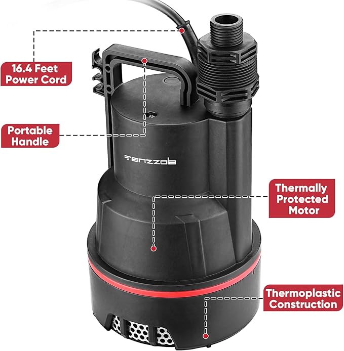 Sump Pump Submersible Utility Water Pump Thermoplastic Portable Electric Water Removal Transfer Pump with 16.4FT Cord for Swimming Pool Basement Garden Pond Tubs Draining, 1/3 HP