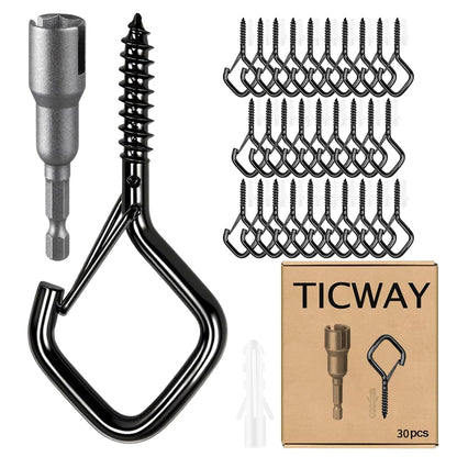 Ticway 30 Pcs Outdoor Hooks for String Lights,Screw Hooks for Hanging Plants,Ceiling Hooks with Safety Buckle,Square Hanger for Wind Chimes,Bird Feeder,Lanterns,Christmas Decorations (Black)