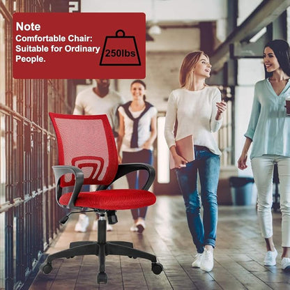 BestOffice | Ergonomic Office Chair | Mid-Back Swivel Desk Chair | Breathable Backrest & Lumbar Support | Adjustable Height | Sponge Seat | Rolling Wheels | Red | for Adults & Women