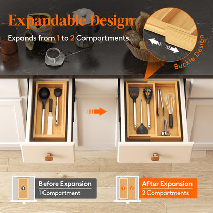 Lifewit Utensil Organizer for Kitchen Drawer, Expandable 13 to 22.4 Inches Wide, Adjustable Cooking Silverware Tray, Bamboo Cutlery Flatware Holder, Spatula Tools and Gadgets Storage Divider, Natural