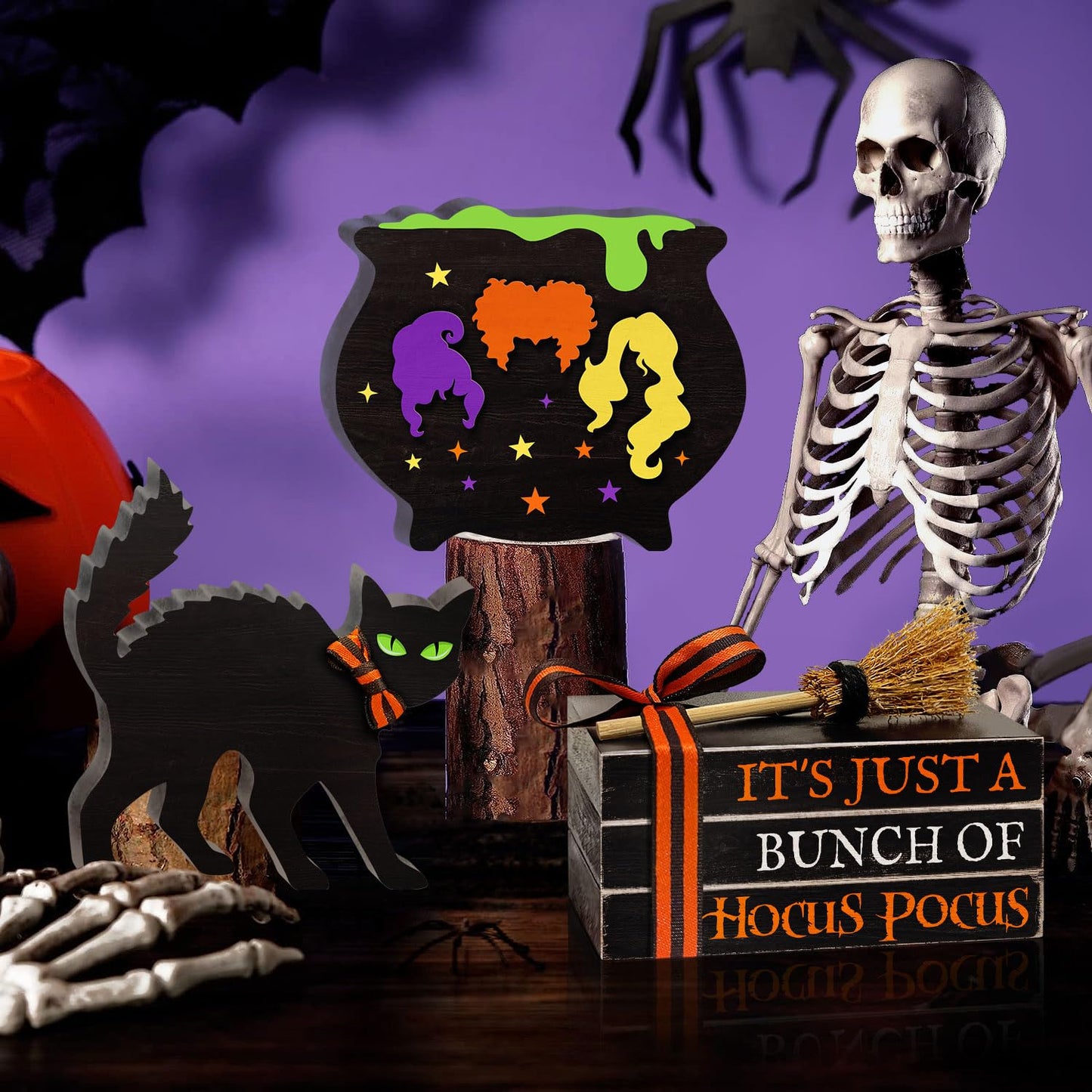 5PCS Halloween Wooden Signs Hocus Pocus, Decorative Wooden Faux Books Stack Black Cat Wood Table Signs, Cauldron Witches Sisters Halloween Tiered Tray Decor for Halloween Party Home Decorations