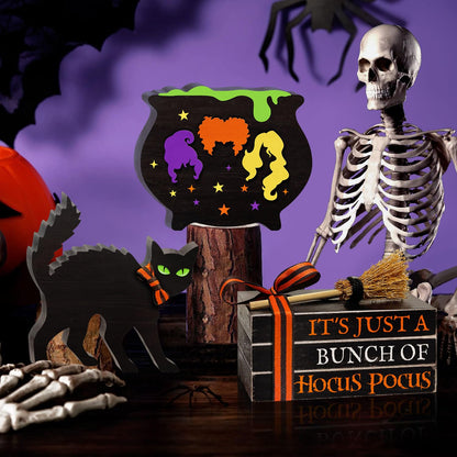 5PCS Halloween Wooden Signs Hocus Pocus, Decorative Wooden Faux Books Stack Black Cat Wood Table Signs, Cauldron Witches Sisters Halloween Tiered Tray Decor for Halloween Party Home Decorations