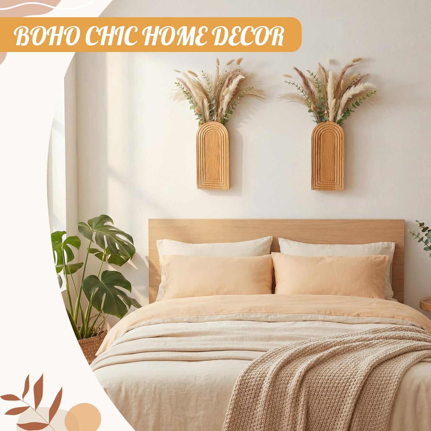 LemonRoad Boho Wooden Wall Vases Set of 2 with Artificial Eucalyptus and Pampas Grass Dried Flower Rustic Hanging Wood Planter Vase Wall Mounted Farmhouse Bohemian Decor for Home Entryway Living Room