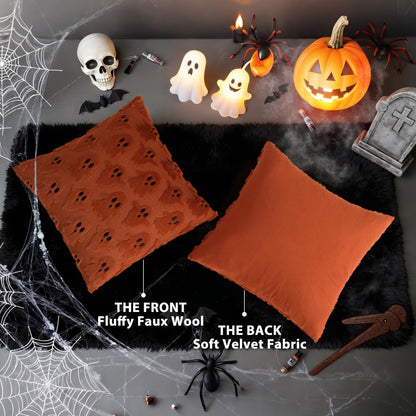 decorUhome Fall Halloween Ghost Pillow Covers 18x18 Inch Pack of 2 Soft Plush Faux Wool Textured Throw Pillow Covers Cute 3D Ghost Decorative Cushion Cases for Couch Sofa Bedroom Home Decor, Rust