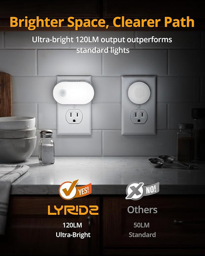 Lyridz 120LM Ultra Bright Plug-in Motion Sensor Night Light, Stepless Dimmable LED Nightlight, Always-On and Auto-Off, for Hallway, Stairs, Bathroom, Bedroom, Garage, Cool White (4-Pack)