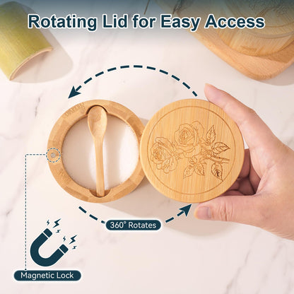 Timtopno Salt Cellar, 2PCS Salt Container Bamboo Salt and Pepper Box for Countertop with Built-in Spoon & Swivel Lid, Spice Seasoning Storage Bowl, Elegant Salt Holder (Rose & Bird Engraving)