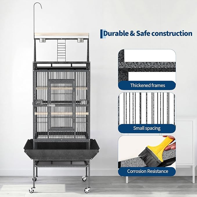 Extra Large 82-Inch Parrot Cage with Play Top – Heavy Duty Wrought Iron Flight Birdcage – Rolling Stand, Spacious Design, Rope Perch, Removable Tray, Powder-Coated Speckled Black