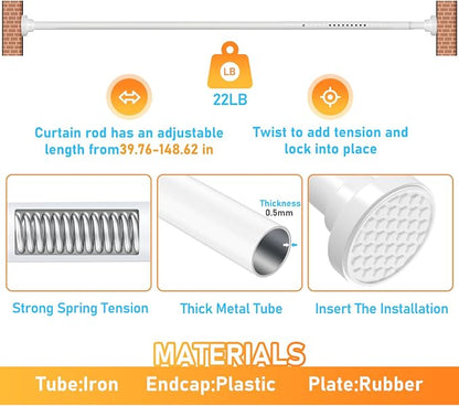 MEXAU White Tension Curtain Rod 40-148 Inch Long Tension Rod 1.26" Spring Tension Curtain Rod Adjustable Curtain Rods No Drilling Tension Shower Rod Curtain Tension Rod for Bathroom Windows Doorways