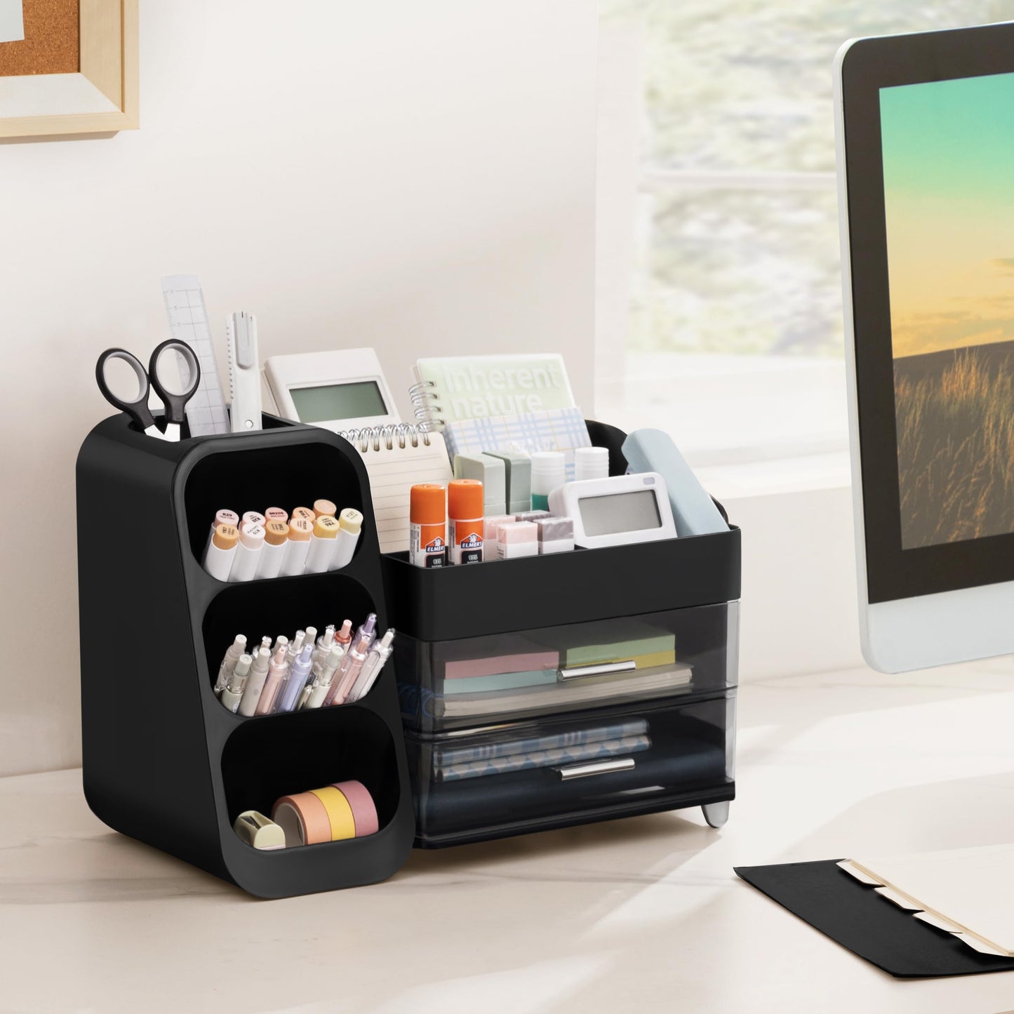 HBlife Desk Organizer with Pen Pencil Holder for Desk, Pen Organizer with 2 Drawers, Desk Organizers and Accessories with 4 Compartments, Desktop Storage for Office Home School Art Supplies, Black