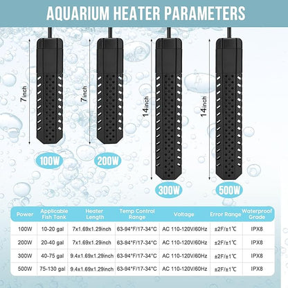 Aquarium Heater 300W, Fish Tank Heater with High-Temperature Protection and Turtle Tank Heater with Automatic Power-Off When Leaving Seawater or Freshwater.