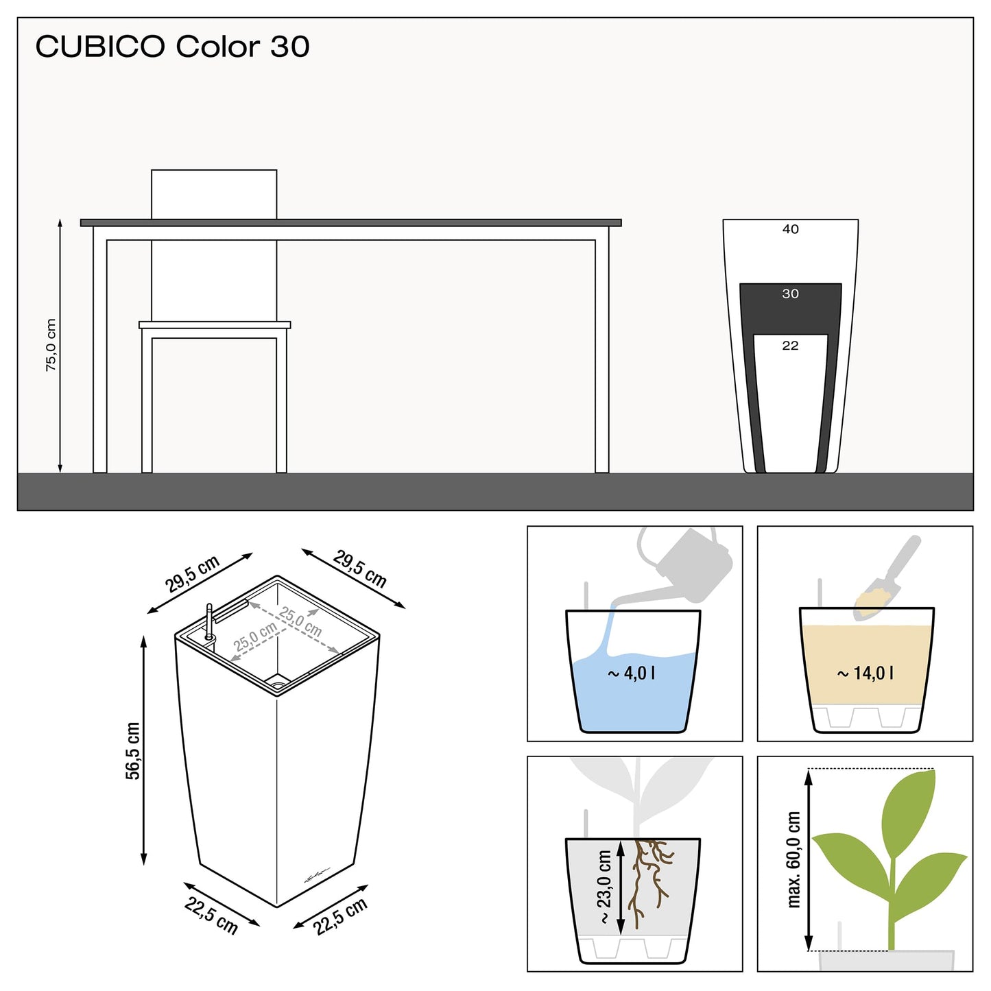 Lechuza 13138 Cubico Color 30 Self-Watering Planter for Indoor and Outdoor Use, 12" x 12" x 22", Slate
