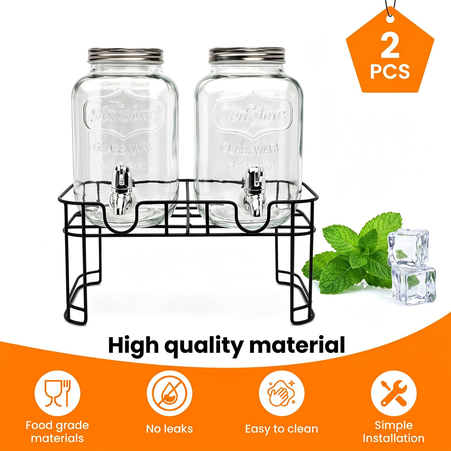 1-Gallon Glass Beverage Dispenser,Accguan Drink Dispenser with Tin Lid and Leak Free Spigot,Black Iron Frame,Mason Drink Dispenser for Parties, Picnics, Barbecues and Daily,2 pack