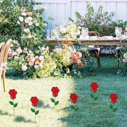 YEAHOME Valentines Day Decorations Outdoor, Set of 6 Rose Metal Flowers Decorative Garden Stakes for Valentines Day Decor, Lovely Yard Stakes for Home Lawn Pot Flowerbed Wedding Anniversary