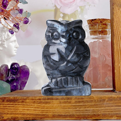 QINJIEJIE 2" Black Labradorite Crystals Owl Decor Stone Figurines Owls Statue Gifts Gemstone Home Sculpture Decorations Pocket Polished Cute Room Desk Gift for Men Women