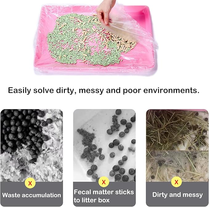 Small Animal Cage Liners Disposable, 50 PCS Large Rabbit Cage Tray Liner Pet Litter Pan Bags Plastic Film Cover for Guinea Pig Bunny Bird Chinchilla Hedgehog (Large)
