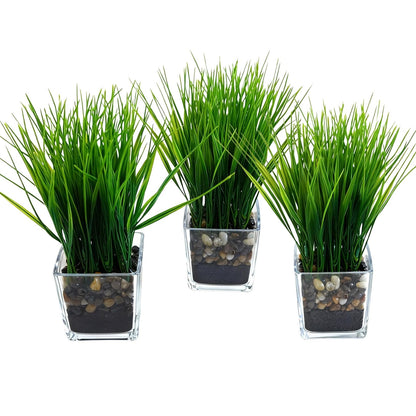 PeacefulHues 3-Pack Artificial Grass in Glass Planters, Small Faux Greenery for Desks, Shelves & Indoor Spaces, Modern Tabletop Decorative Plants (3×3×8.7 in)