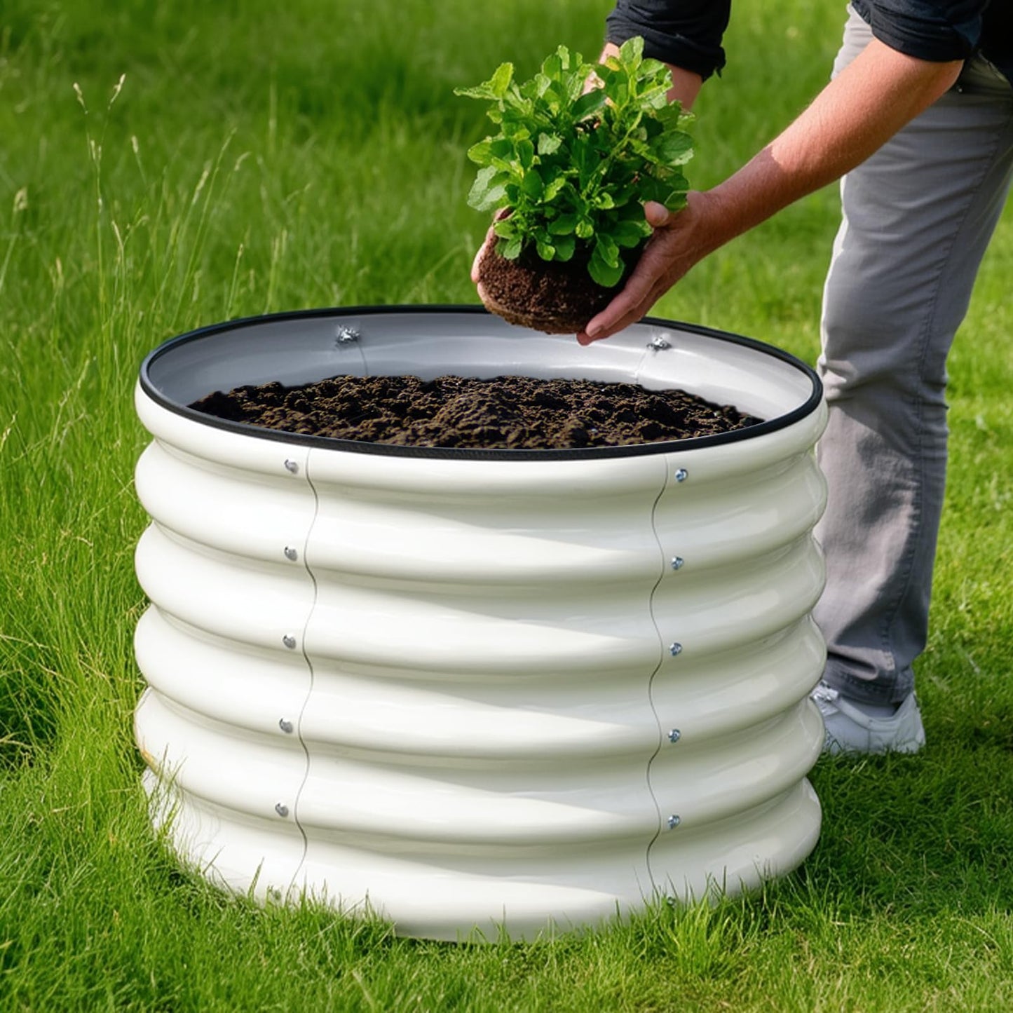 SnugNiture Raised Garden Bed, 2 PCS 2×2×1.5ft Round Galvanized Outdoor Planter Box, 17" Tall Deep Metal Garden Bed Kit for Planting Vegetables, Fruits, Flowers, White