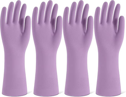 Rubber Cleaning Gloves for Dishwashing, 4 Pairs Reusable Kitchen Gloves for Washing Dishes and Household Cleaning, Purple Dish Gloves with Flocked Lining and Non-Slip Grip, Pefect for Woman Men - S