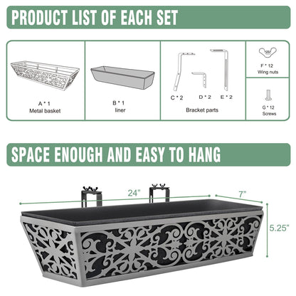 6 Pack 24 Inch Window Boxes Planter for Outdoor Plants Deck Railing Planters Box with Adjustable Brackets for Porch Fence Balcony Hanging Flower Baskets with Non-Woven Fabric Liner for Garden Decor