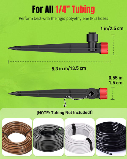Pawfly 60 Pcs Push-to-Fit Drip Irrigation Emitters for 1/4 Inch Tubing, Drip Emitters Sprinklers with Stake & 8 Holes, Drip Irrigation System Parts with Adjustable Water Flow Irrigation Drippers, Red