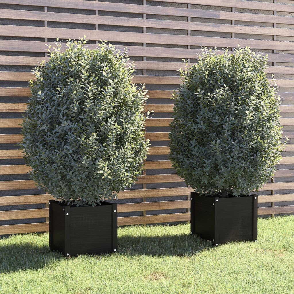 Yisssmeng Matte Black Square Planter Set of 2 Solid Pine Wood 15.7x15.7x15.7 in Outdoor Garden Box with Drainage for Patio Balcony Herb Flower Tomato Plants