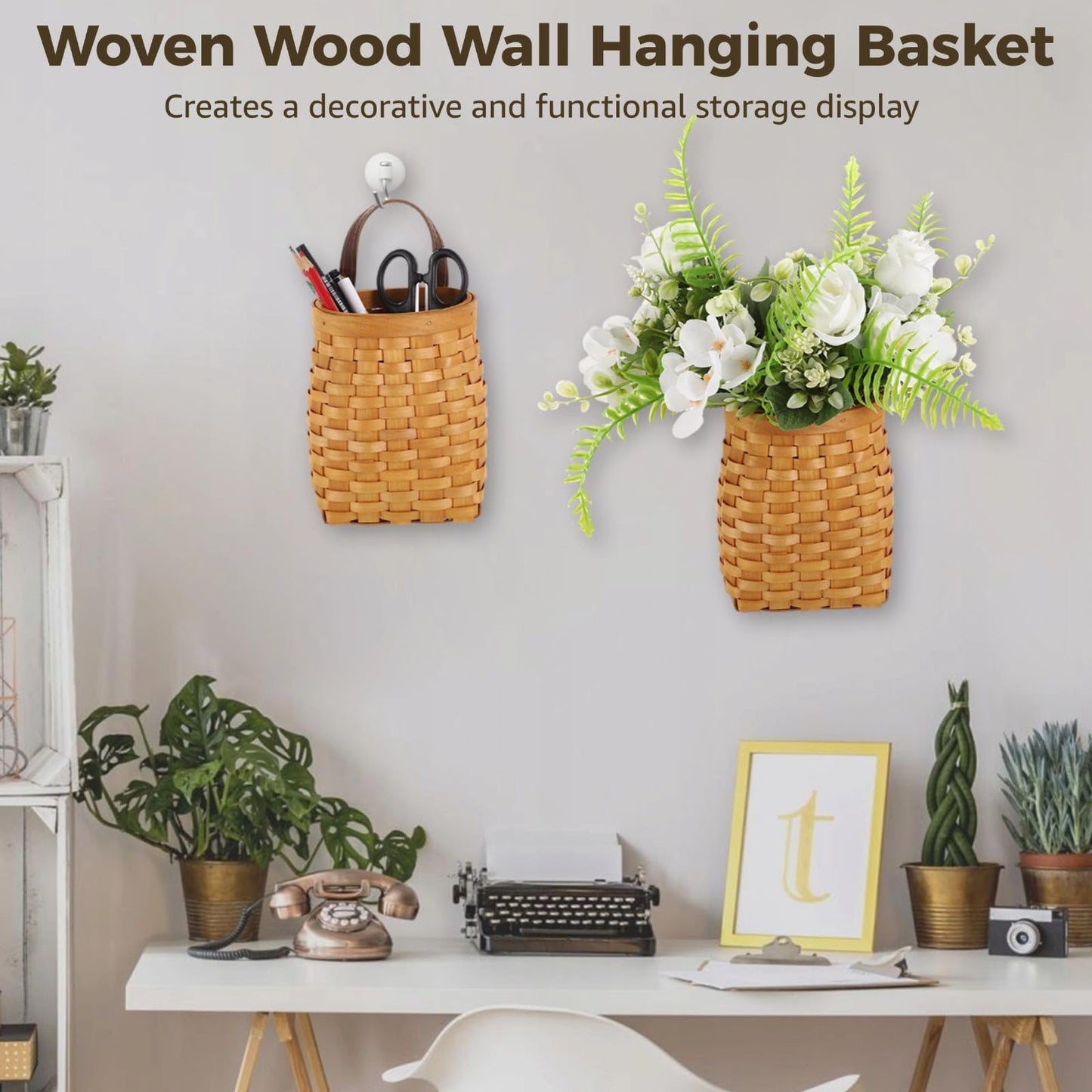 3 PCS Small Wall Hanging Baskets, Woven Wood Basket with PU Leather Handle, Rustic Hanging Organizer for Flowers, Plants, Kitchen Utensils, Farmhouse Wall Decor for Porch, Room