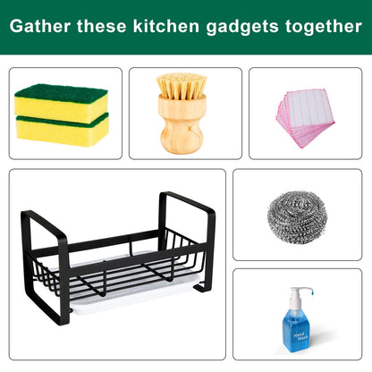 TEZZ Sponge Holder for Kitchen Sink- Stainless Steel Kitchen Sink Caddy for Organizing Sponge, Brush & Soap Dish Dispenser, coutertop Organizer Rack with Adhesive or Counter top, Black