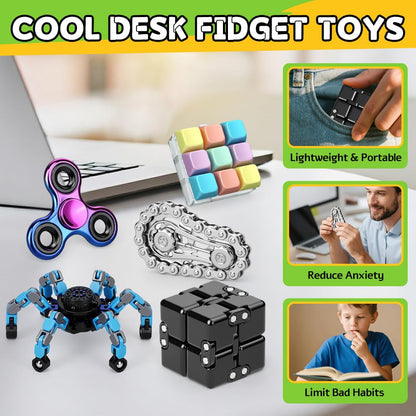 Fidget Toys Set for Adults, Sensory Pack with Fidget Spinner, Robot Spinner, Keyboard Clicker Toy, Fidget Pad, Stress Relief Desk Gadget for Office Classroom, for Boy Friend