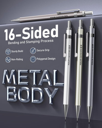 Four Candies 0.9mm Metal Mechanical Pencil Set with Case - 4PCS Fancy Mechanical Pencils, 8 Tubes HB #2 Lead Refills, 3PCS 4B Erasers and 9PCS Eraser Refills, Led Pencils Mechanical for Writing