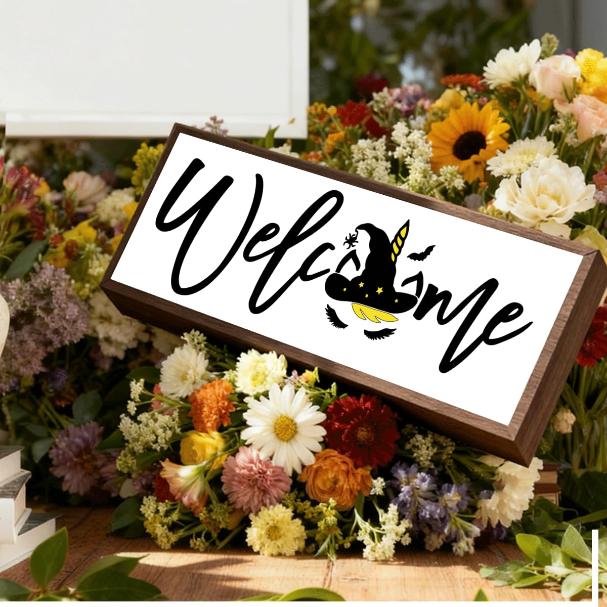 Welcome Wood Home Decor Signs, Welcome Witches Hat Wood Plaque, Home Tabletop Desk Decorative Sign, Halloween Sign, Hanging Decorative Wooden Plaque 9.5x3.1 Inches(A27)