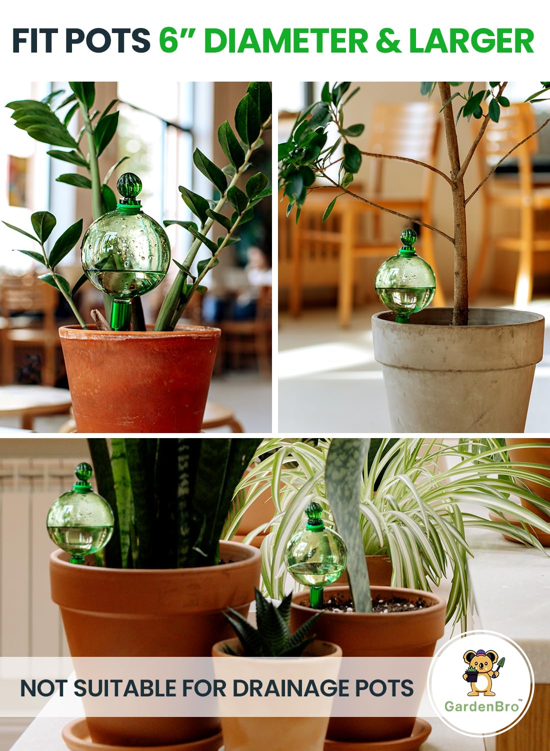16 Oz Plant Watering Globes for Indoor Plants with Metal Self Watering Planter Insert - Premium XL Glass Hand-Blown Globe - Automatic Plant Waterer Indoor, Gift Idea for Gardeners [1 Globe, Green]