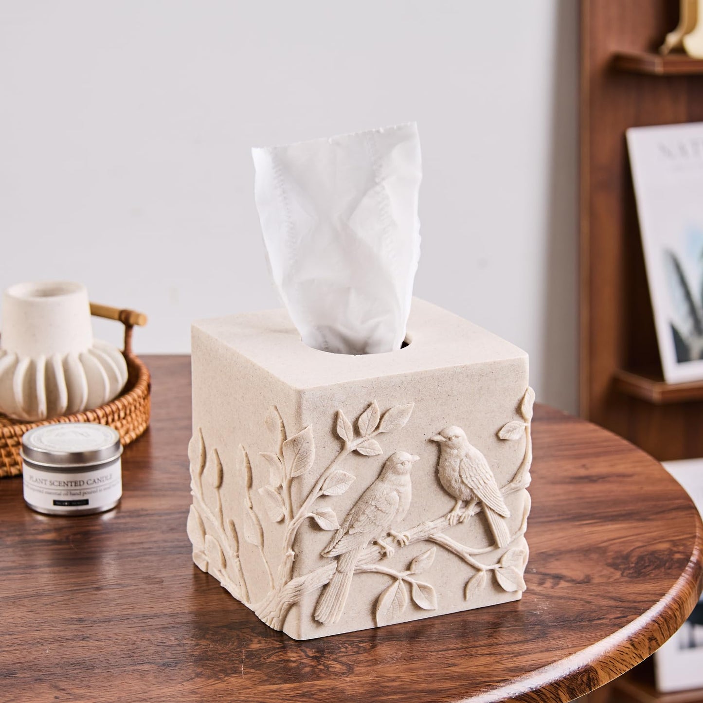 Beige Sandstone Relief Birds Square Tissue Box Cover Decorative,Resin Heavy Sturdy Tissue Box Holder, Facial Paper Holder for Bathroom Vanity Countertop, Bedroom Night Stand,Office and End Table