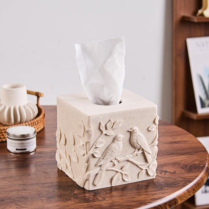 Beige Sandstone Relief Birds Square Tissue Box Cover Decorative,Resin Heavy Sturdy Tissue Box Holder, Facial Paper Holder for Bathroom Vanity Countertop, Bedroom Night Stand,Office and End Table