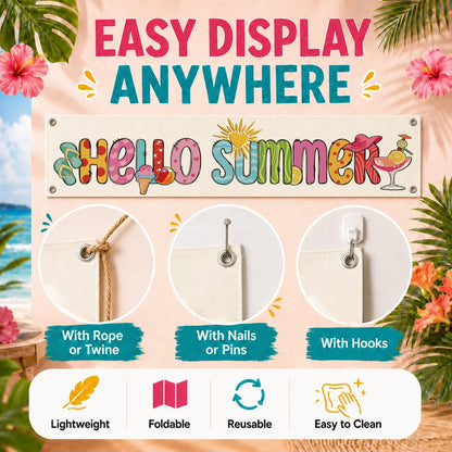 Summer Porch Banner Decor, Hello Summer Fun Wall Hanging with Ice Cream Beach Cocktail Design, Seasonal Entryway Doorway Hallway Home Accent 48x9 Inches