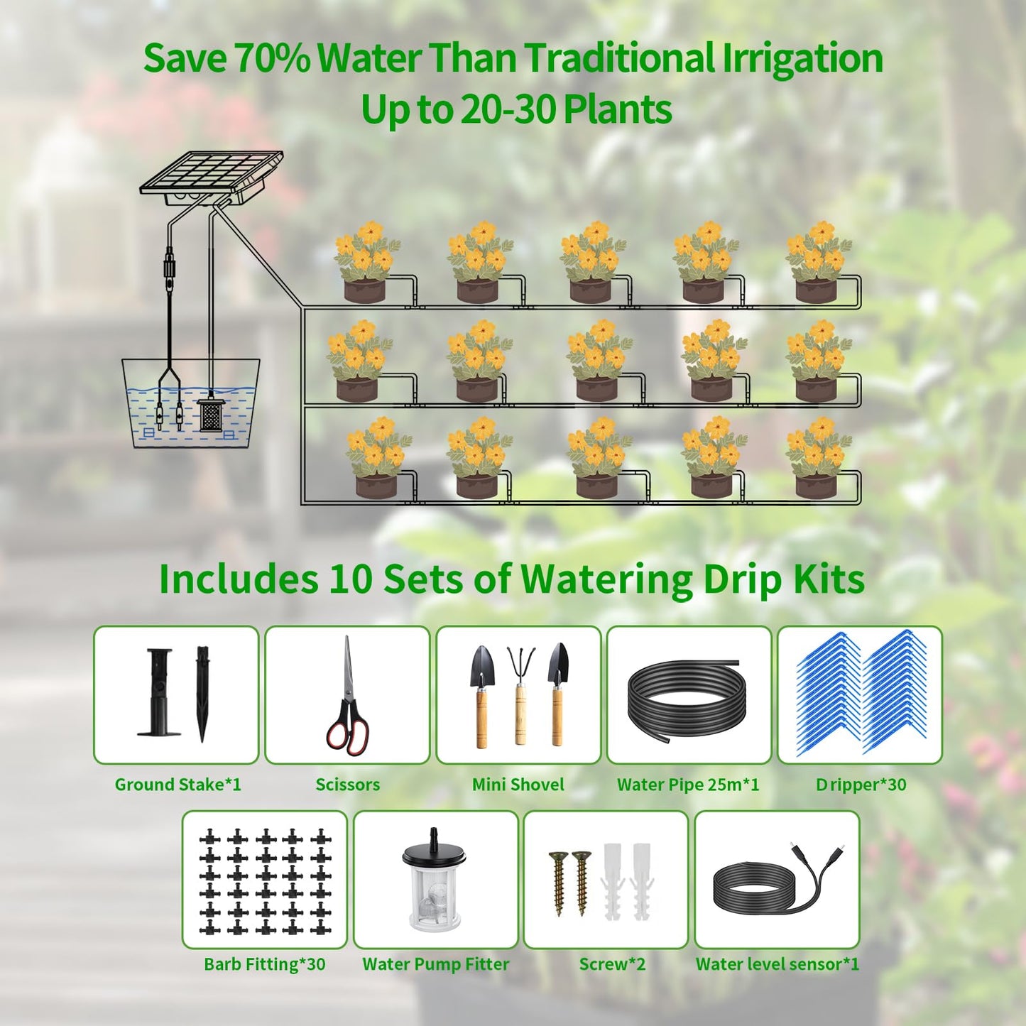 HEKIWAY 82FT Solar Drip Irrigation System, Auto Watering Kit for 30 Pots, Solar-Powered Plant Watering, 25 Timer Modes, 900ml/min Flow Indoor/Outdoor Garden, Balcony & Patio Irrigation System