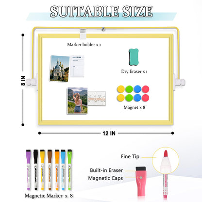 AMUSIGHT Magnetic Dry Erase White Board, 12" x 8" Double-Sided Golden Aluminum Frame Desktop Whiteboard with Stand, Portable Small Whiteboard Set for Drawing, Office, Home, School