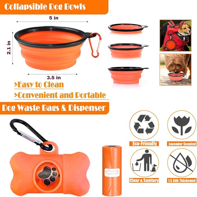 LOBEVE No Pull Dog Harness, Collar & Leash Set | Includes Dog Seat Belt, Collapsible Bowls & Poop Bag Dispenser. Ideal for Training, Walking, Hiking. Fits Small to Large Dogs(Orange-M)
